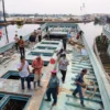 Kapal mangkrak di alur Sungai Loji Kota Pekalongan mulai dibongkar.