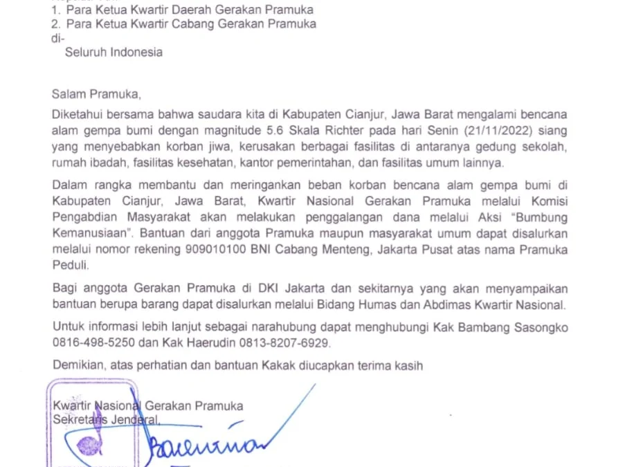 Kwartir Nasional Gerakan Pramuka Galang Bumbung Kemanusian Gempa Bumi Cianjur