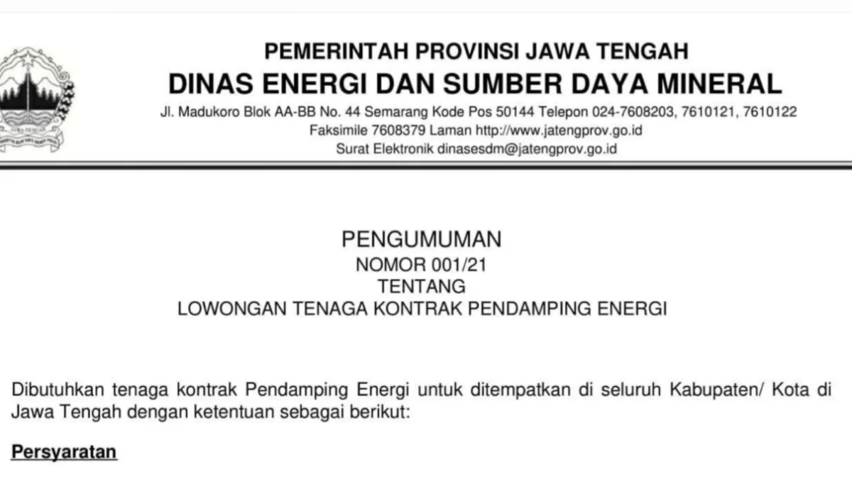 Lowongan tenaga kontrak pendamping energi Dinas ESDM Jateng