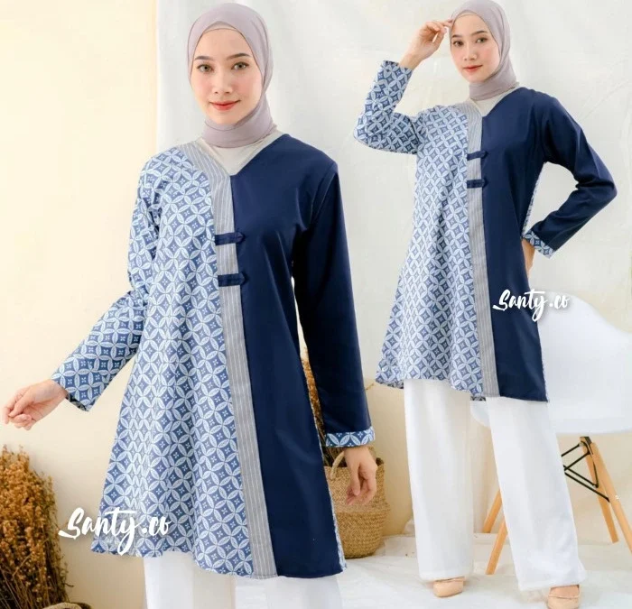 Tunik batik kombinasi polos