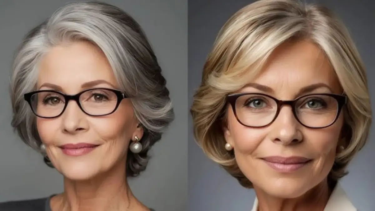 Ilustrasi model rambut pendek wanita berkacamata.