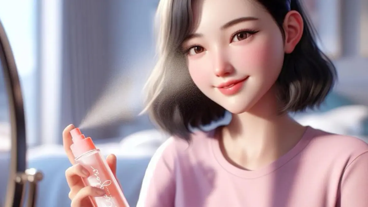Ilustrasi pemakaian setting spray murah tapi tahan lama.