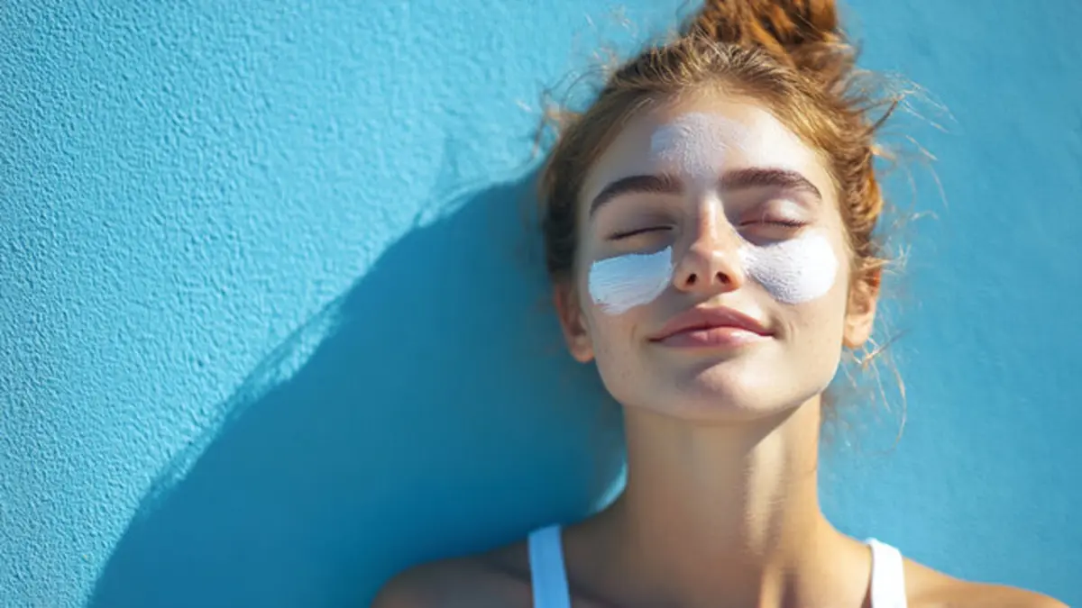 Ilustrasi produk sunscreen yang tidak bikin abu-abu dan white cast di wajah.