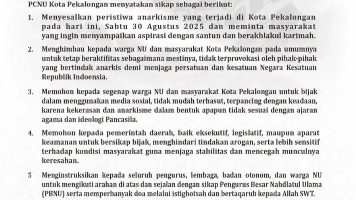 PCNU Pekalongan Sesalkan Aksi Anarkisme, Minta Warga Tetap Santun Sampaikan Aspirasi