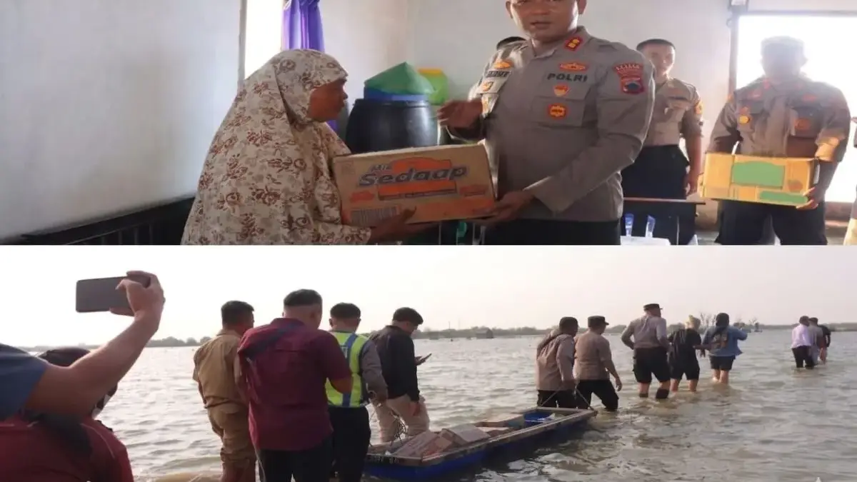 Bantu Korban Rob di Balok, Kapolres Kendal Jalan Kaki 2 Kilometer Terjang Genangan Bantu Korban Rob di Balok, Kapolres Kendal Jalan Kaki 2 Kilometer Terjang Genangan