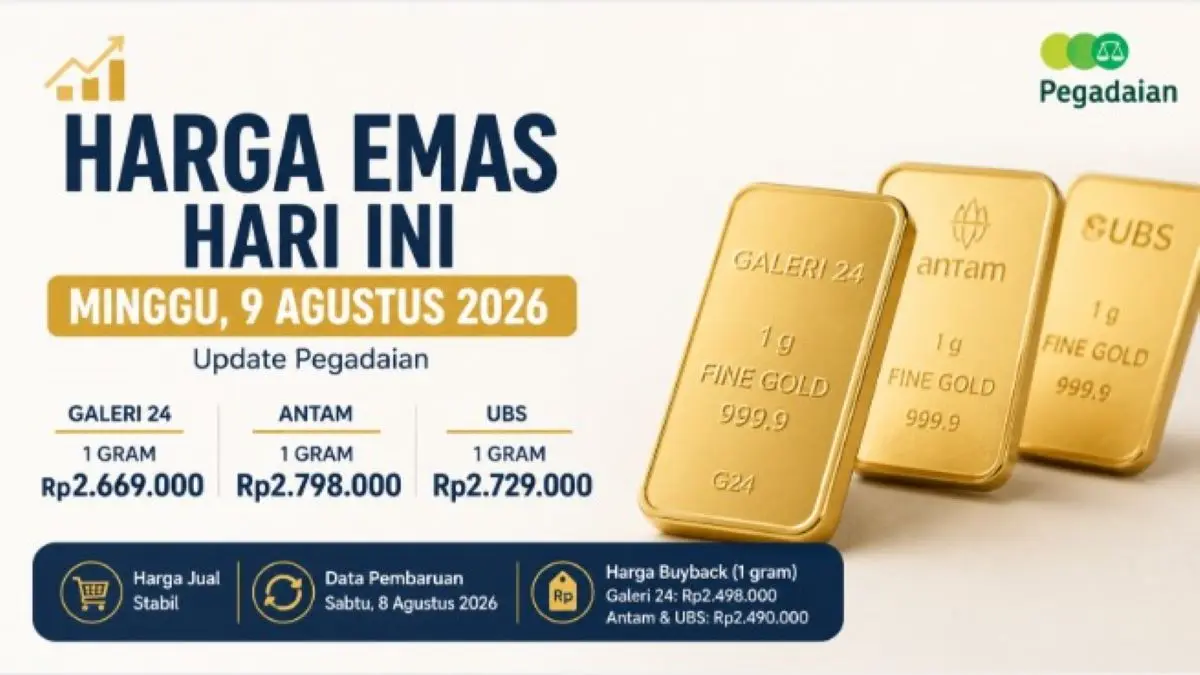 Harga Emas Hari Ini Minggu 9 Agustus 2026 di Pegadaian! Cek Update Terbaru Galeri24, Antam, dan UBS! Harga emas hari ini Minggu 9 Agustus 2026