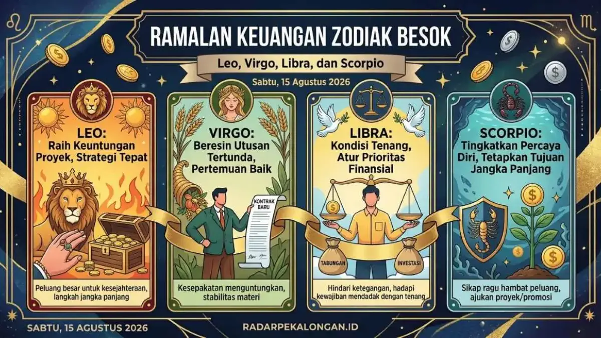 Perkuat Stabilitas! Ramalan Keuangan Zodiak Sabtu 15 Agustus 2026 untuk Leo, Virgo, Libra, dan Scorpio Ramalan Keuangan Zodiak Sabtu 15 Agustus 2026