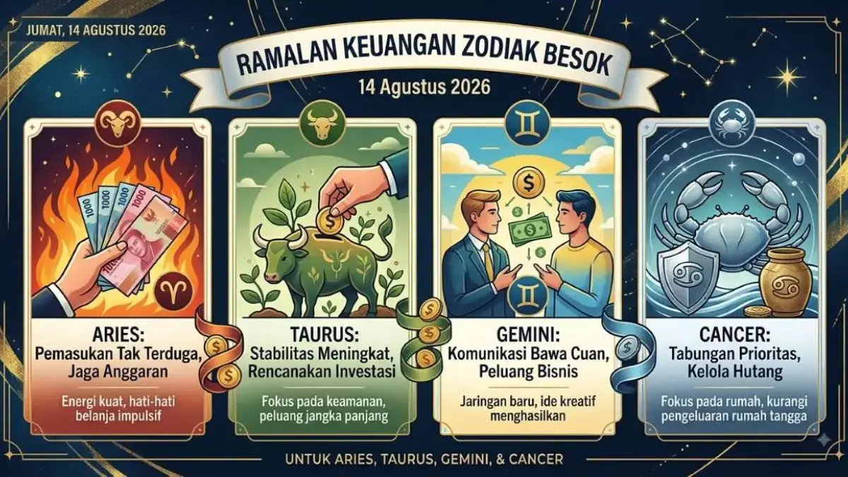 Cenderung Stabil? Ramalan Keuangan Zodiak Besok 14 Agustus 2026 untuk Aries, Taurus, Gemini, dan Cancer Ramalan Keuangan Zodiak Besok 14 Agustus 2026